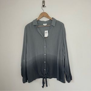 J Jill Shirt Women XL Gray Dip Died V-Neck Tie Waist Ombre Long Sleeve Coastal